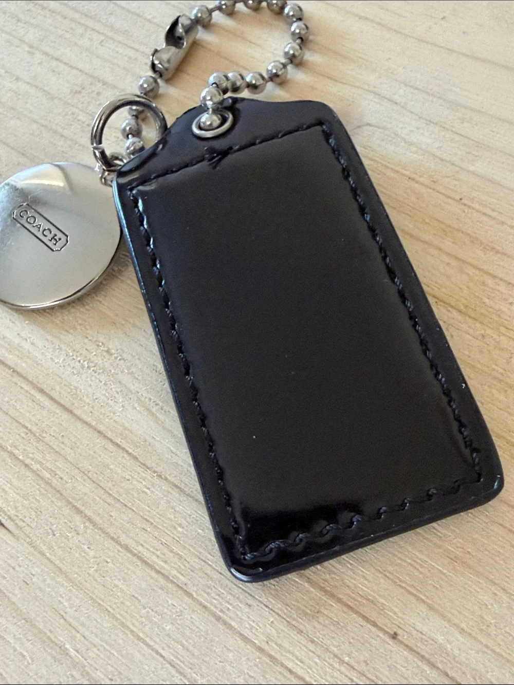 Coach Black Patent Leather Tag Keychain with Silver-Tone Charm